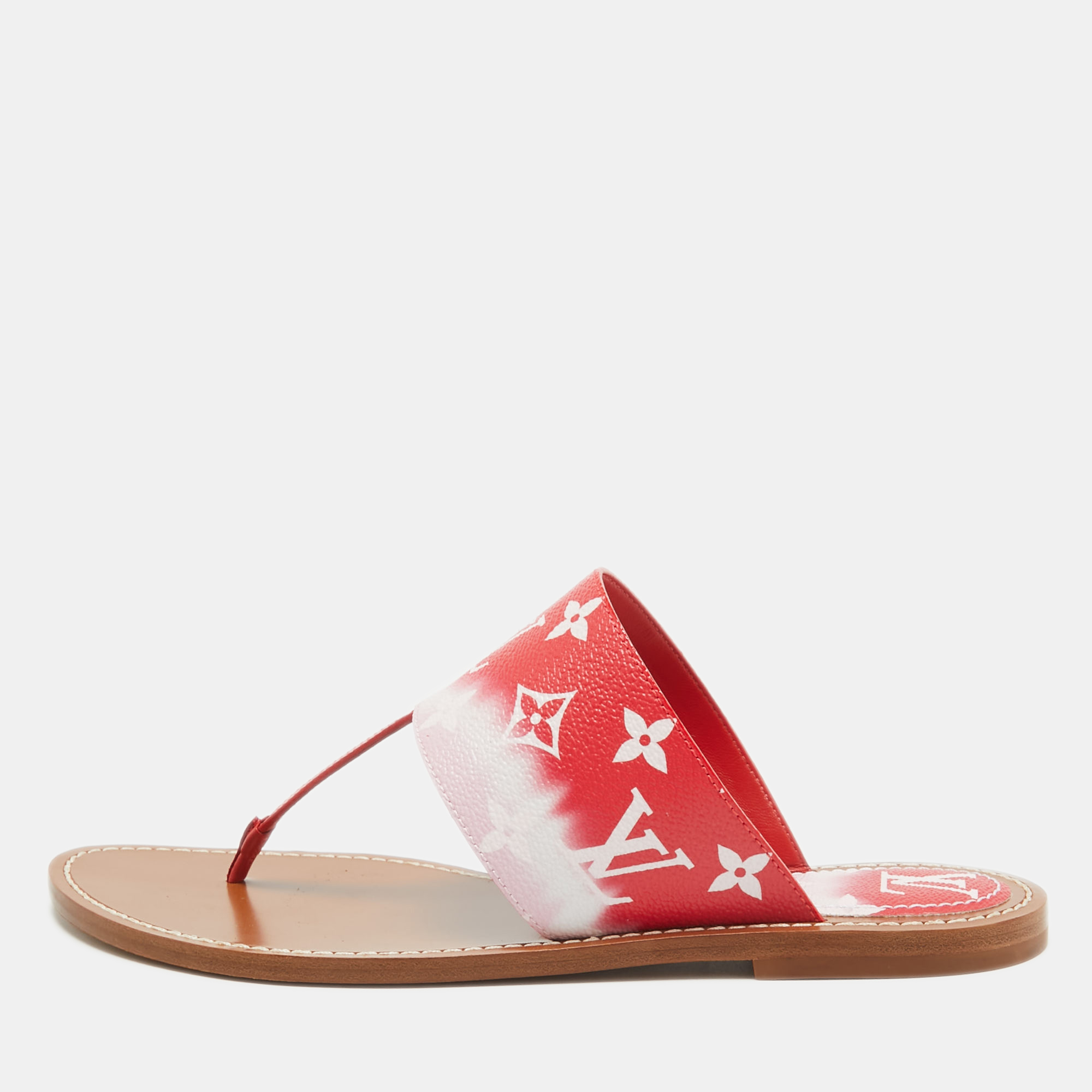 Pre-owned Louis Vuitton Red Monogram Escale Canvas Palma Thong Flats Size 41