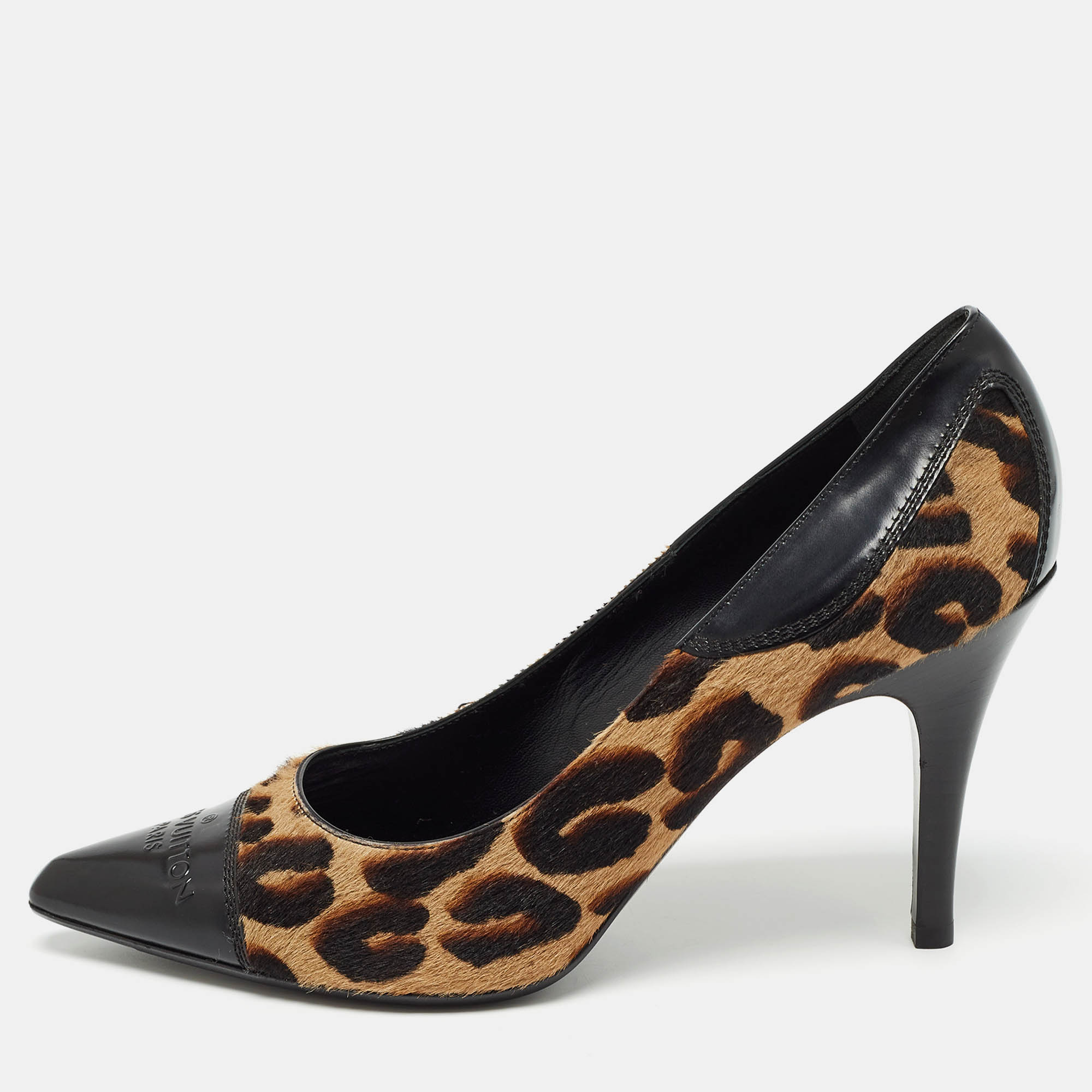 Pre-owned Louis Vuitton Tricolor Leopard Print Calf Hair And Leather Cap Toe Pumps Size 38.5 In Black