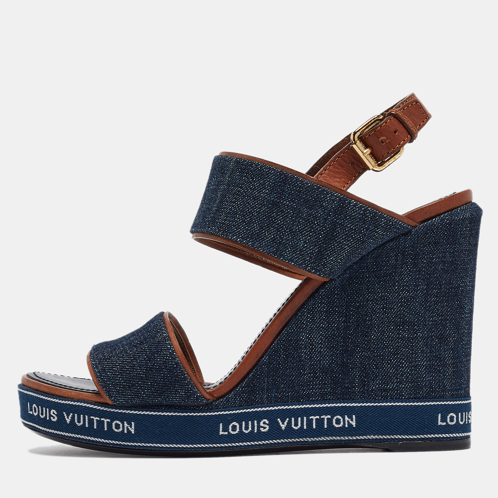 

Louis Vuitton Navy Blue/Brown Denim and Leather Wedge Slingback Sandals Size
