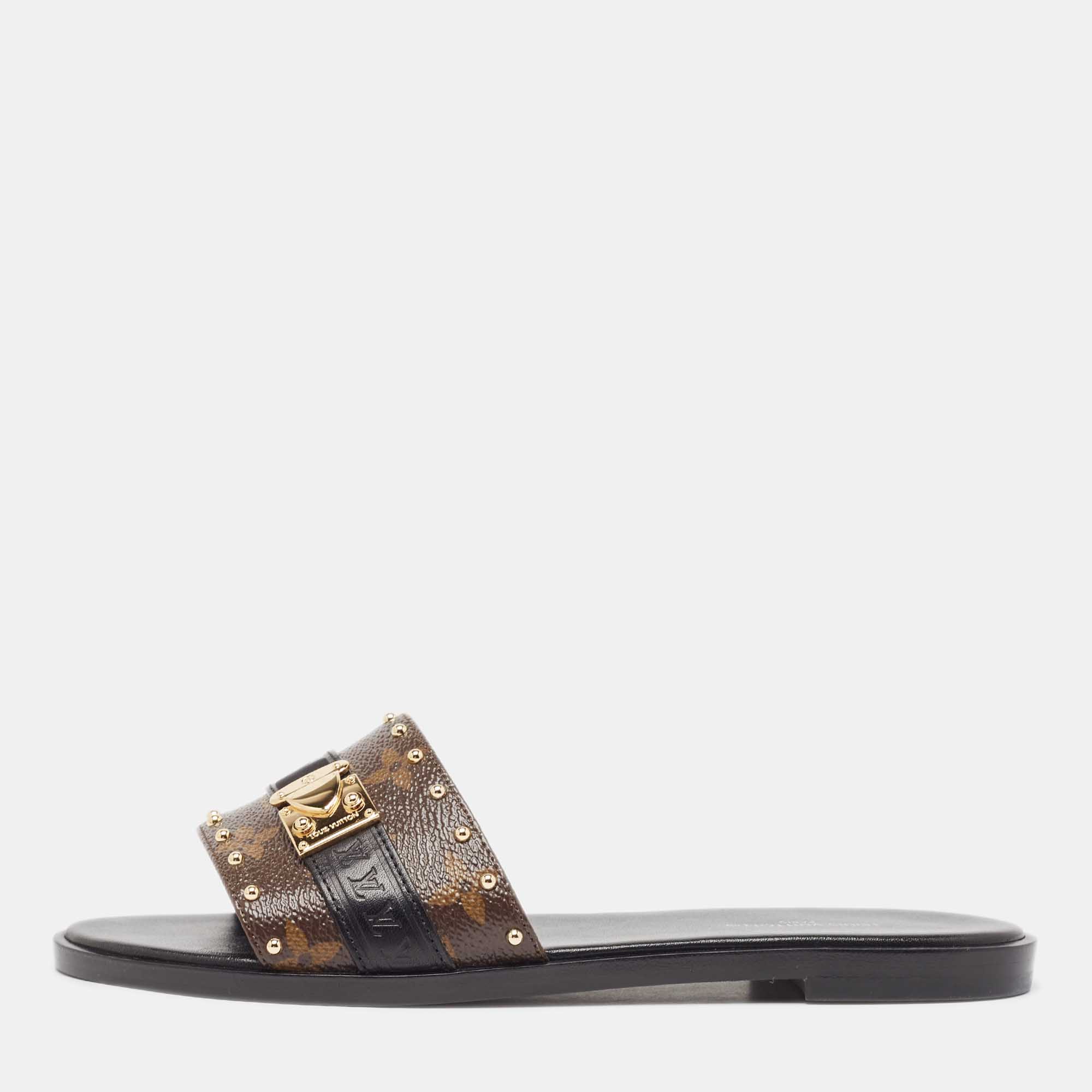 Pre-owned Louis Vuitton Monogram Canvas Lock It Flat Slides Size 36 In Brown