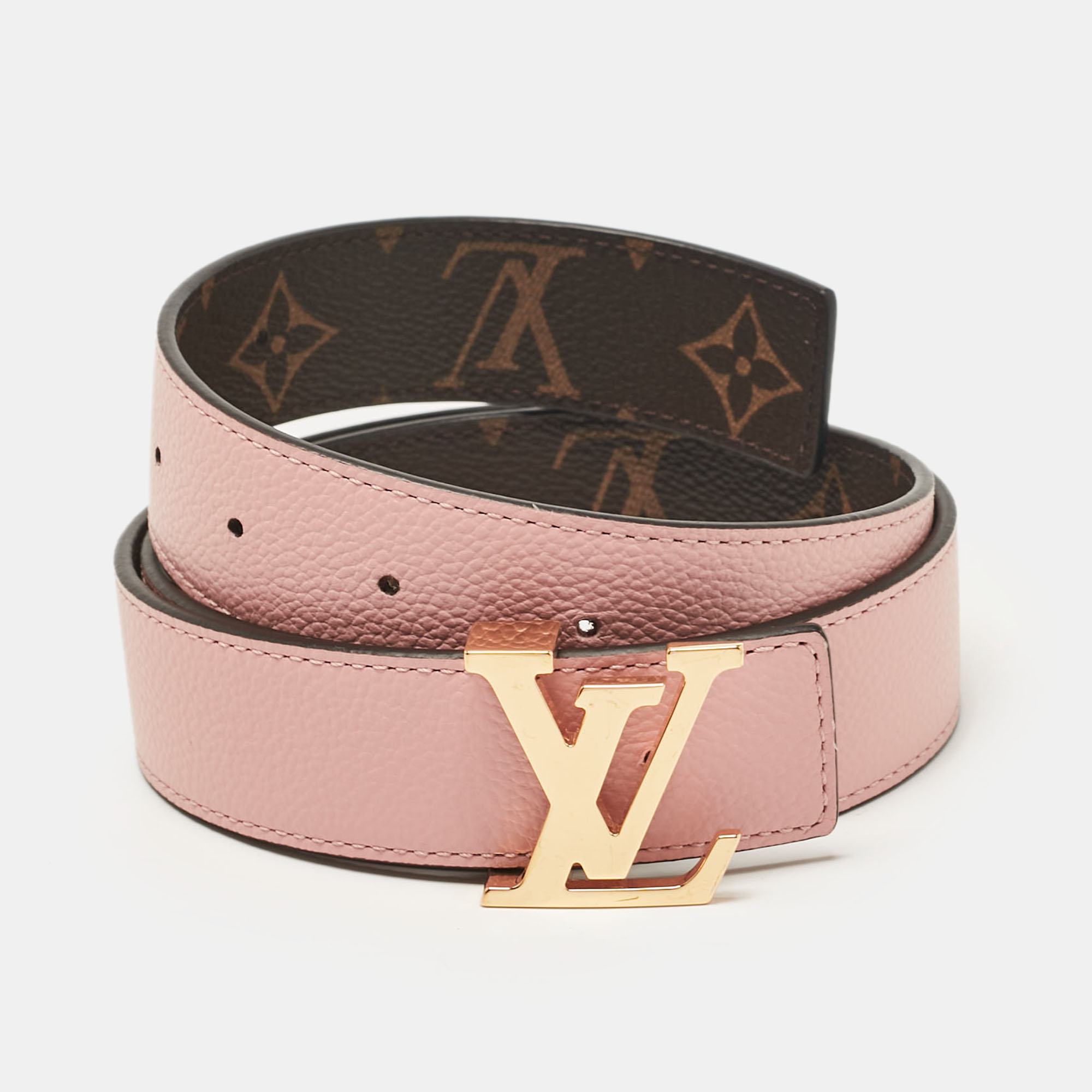 Pre-owned Louis Vuitton Rose Poudre Leather And Monogram Canvas Lv Initiales Reversible Belt 80 Cm In Pink