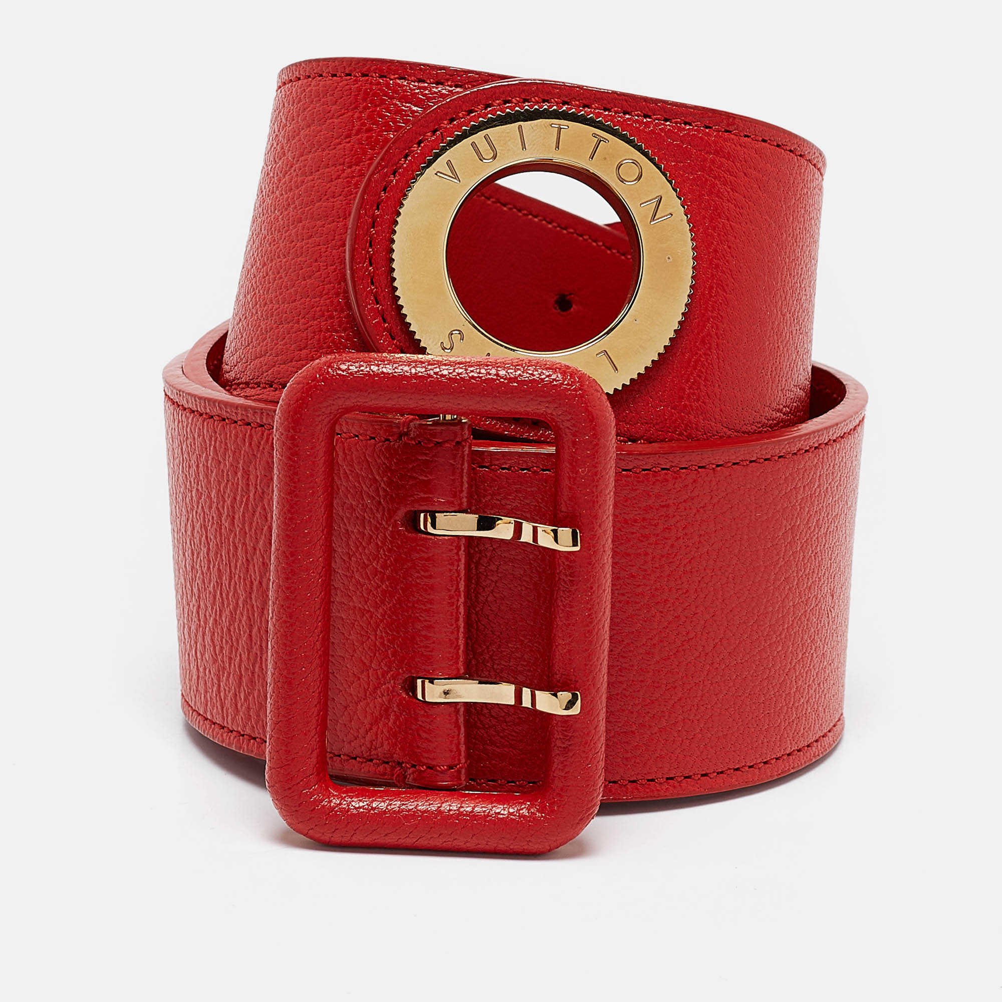 

Louis Vuitton Red Leather Wide Buckle Belt 75CM