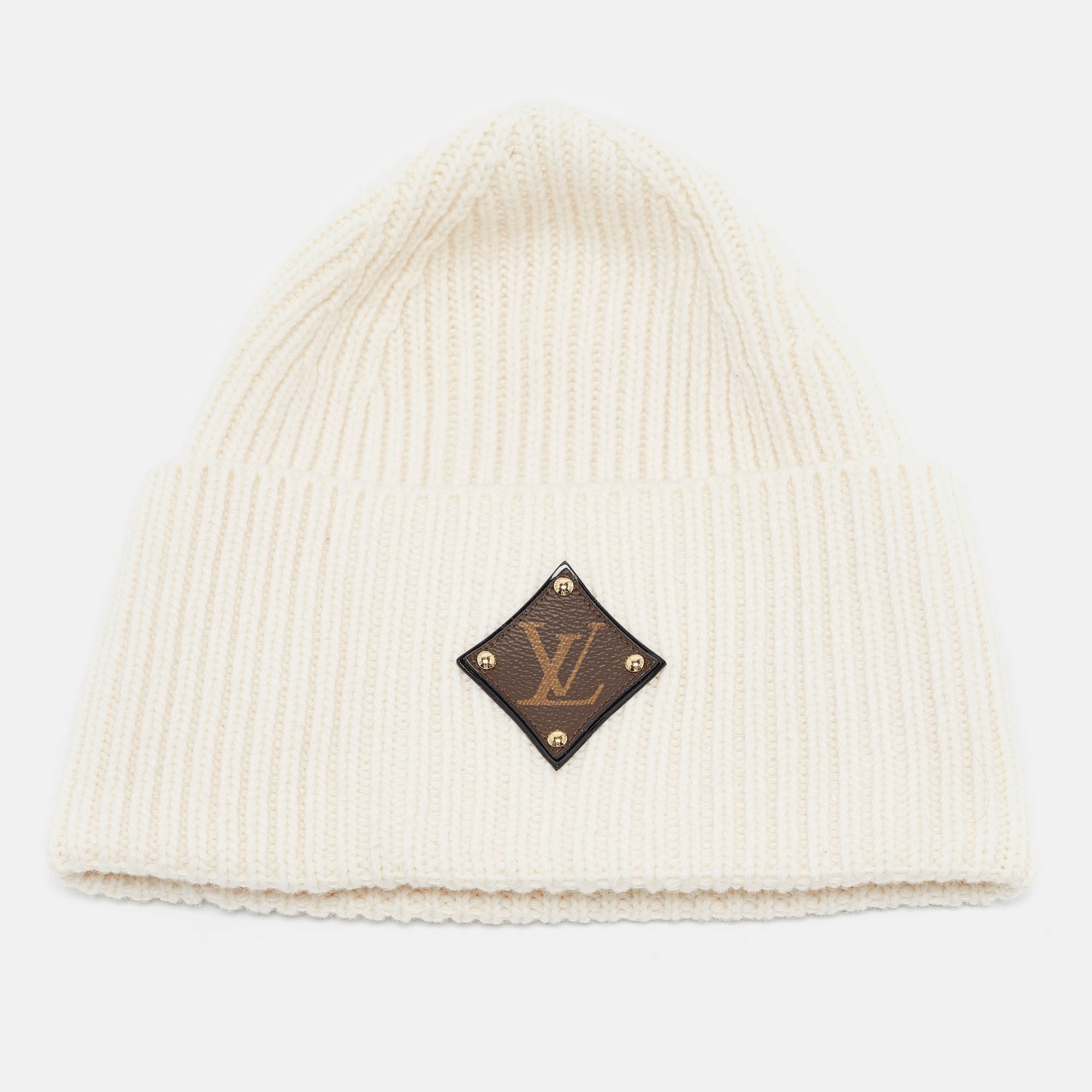 

Louis Vuitton Off White Leather LV Applique Rib Knit Beanie