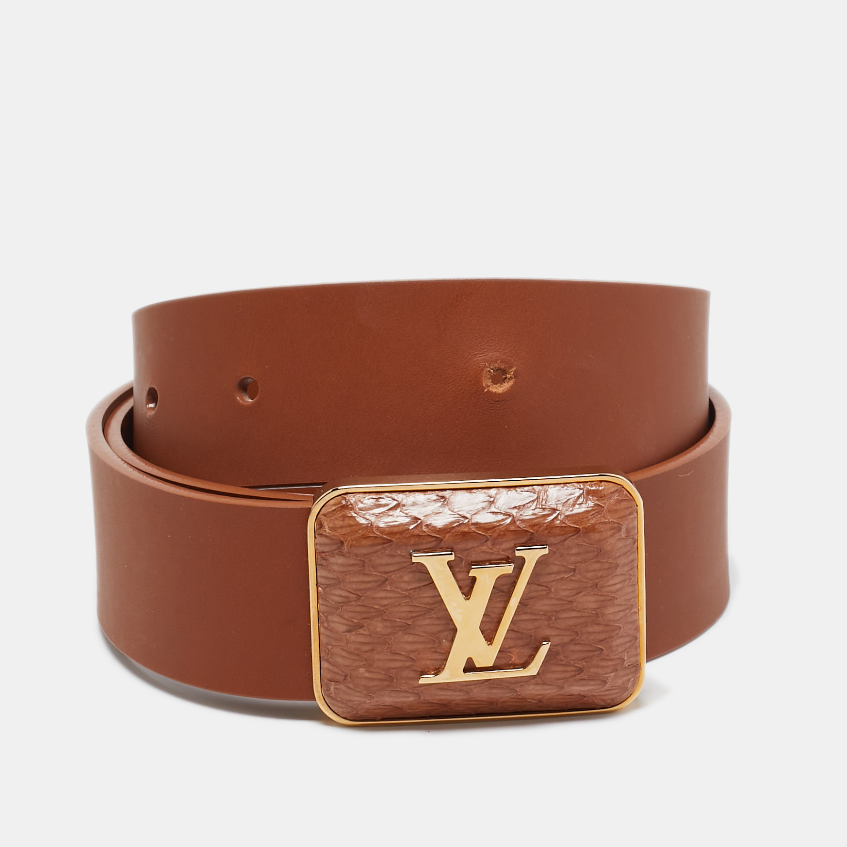 

Louis Vuitton Brown Leather and Snakeskin Square Logo Buckle Belt 80CM