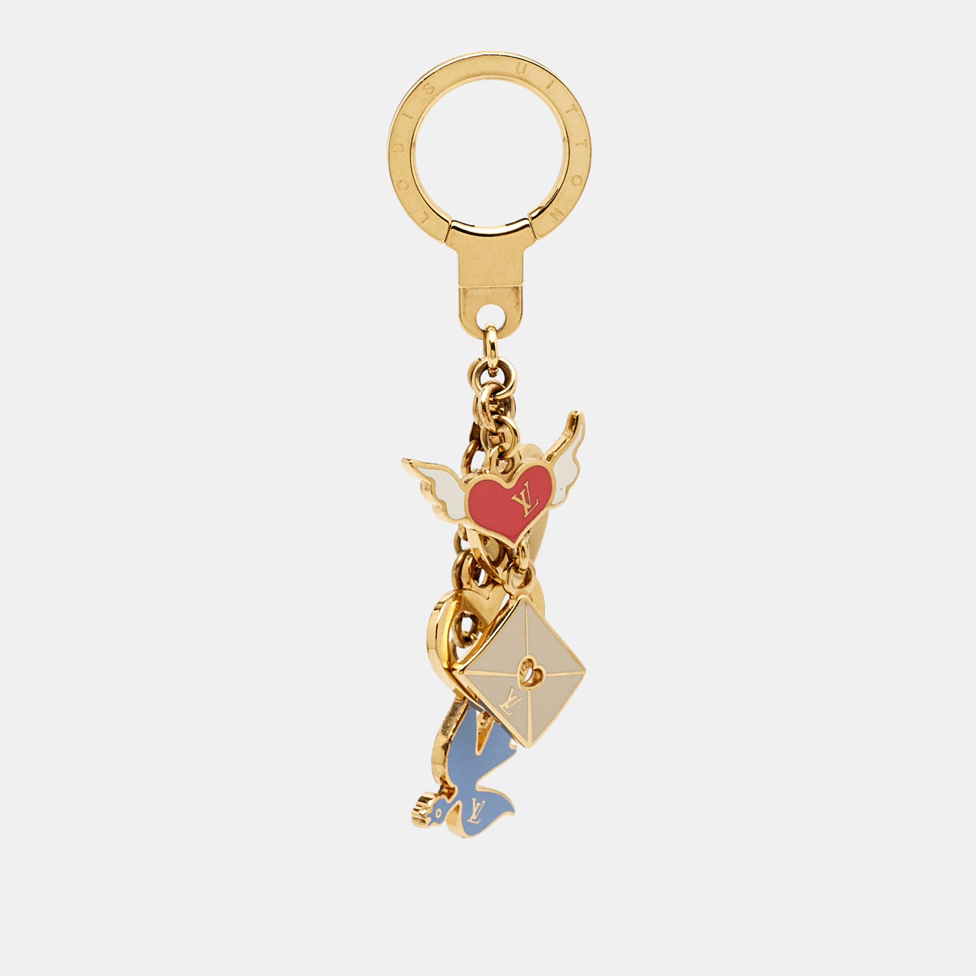 

Louis Vuitton Enamel Heart Bird Letter Gold Tone Key Chain