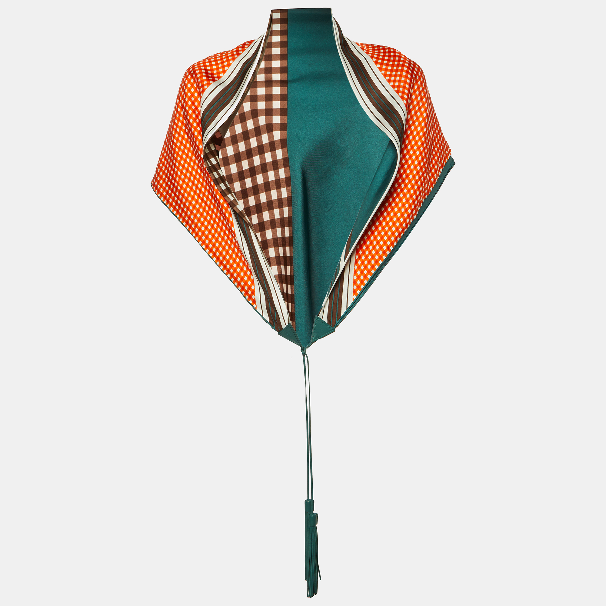 

Louis Vuitton Orange/Green Check Print Leather Tassel Silk Triangle Scarf