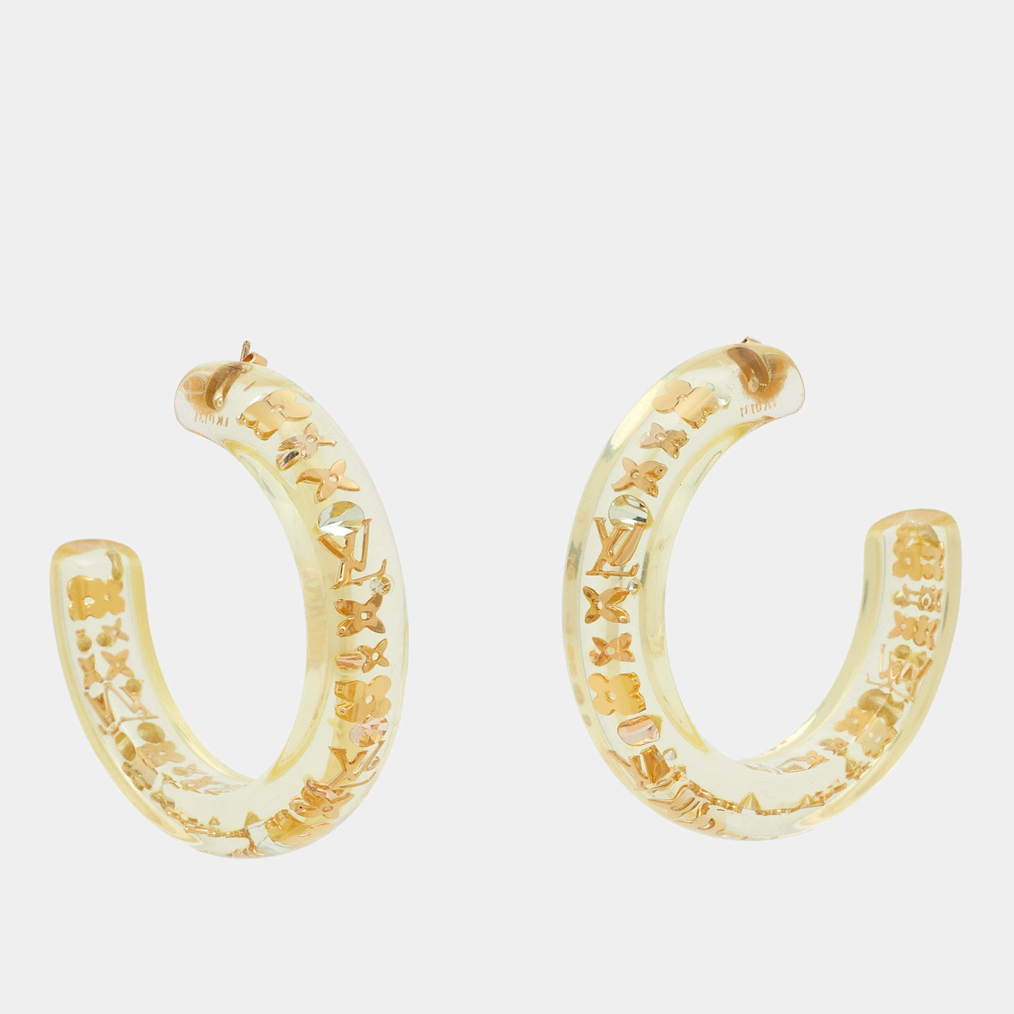 

Louis Vuitton Clear Resin Monogram Crystals Inclusion Gold Tone Hoop Earrings