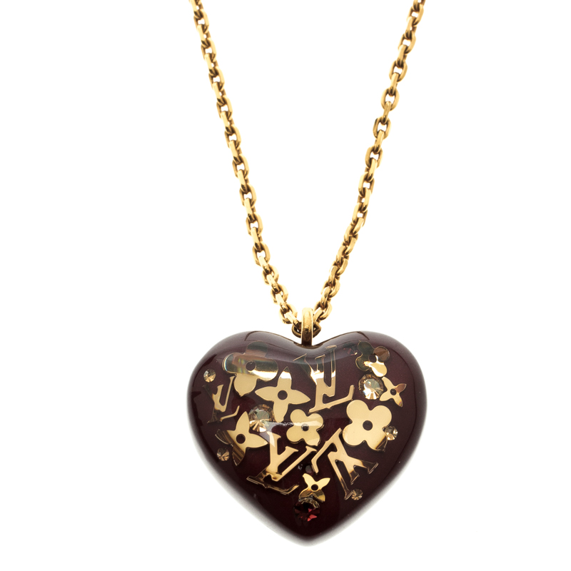 Louis Vuitton Monogram Inclusion Burgundy Heart Resin Pendant Necklace
