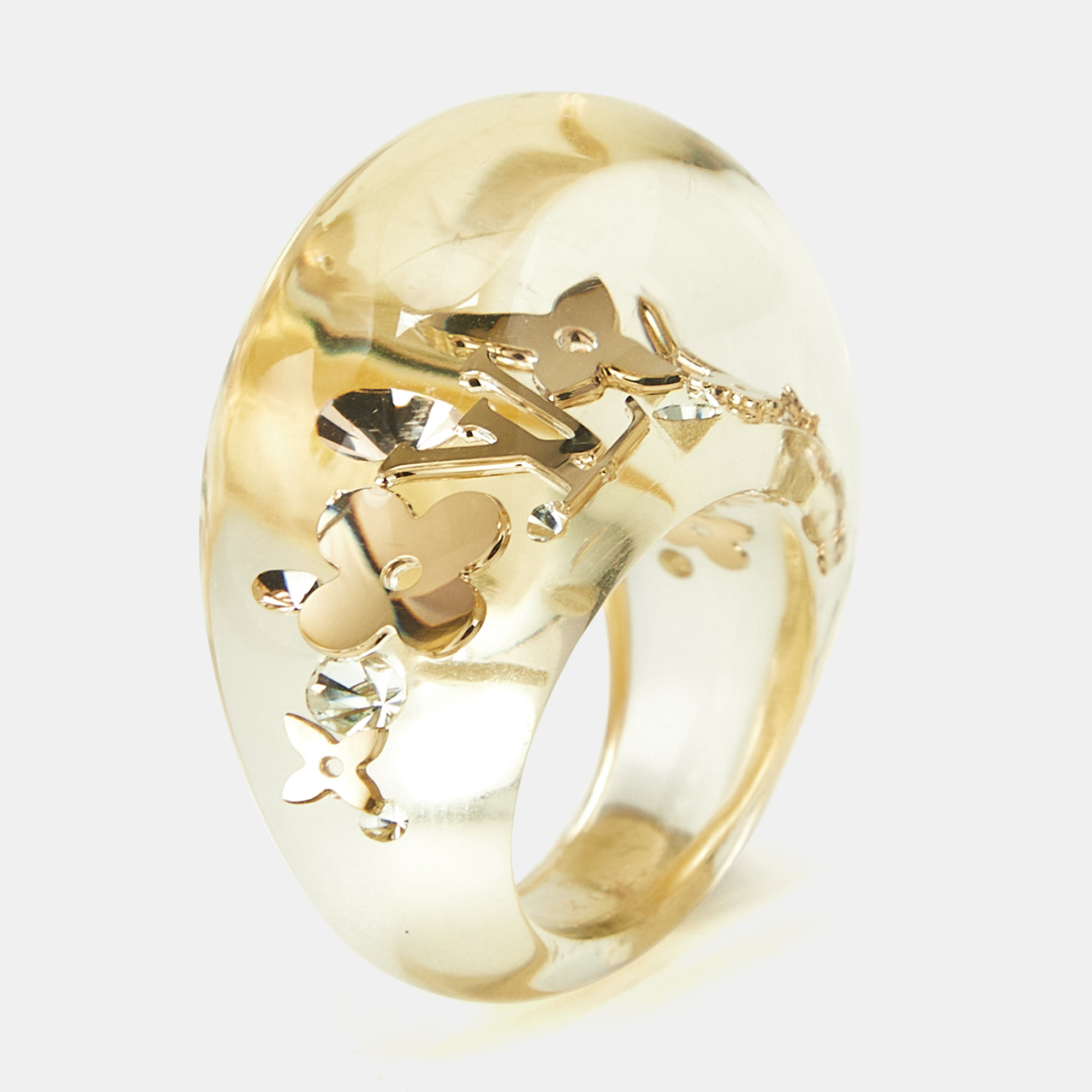 Pre-owned Louis Vuitton Monogram Inclusion Clear Resin Gold Tone Ring Size 50