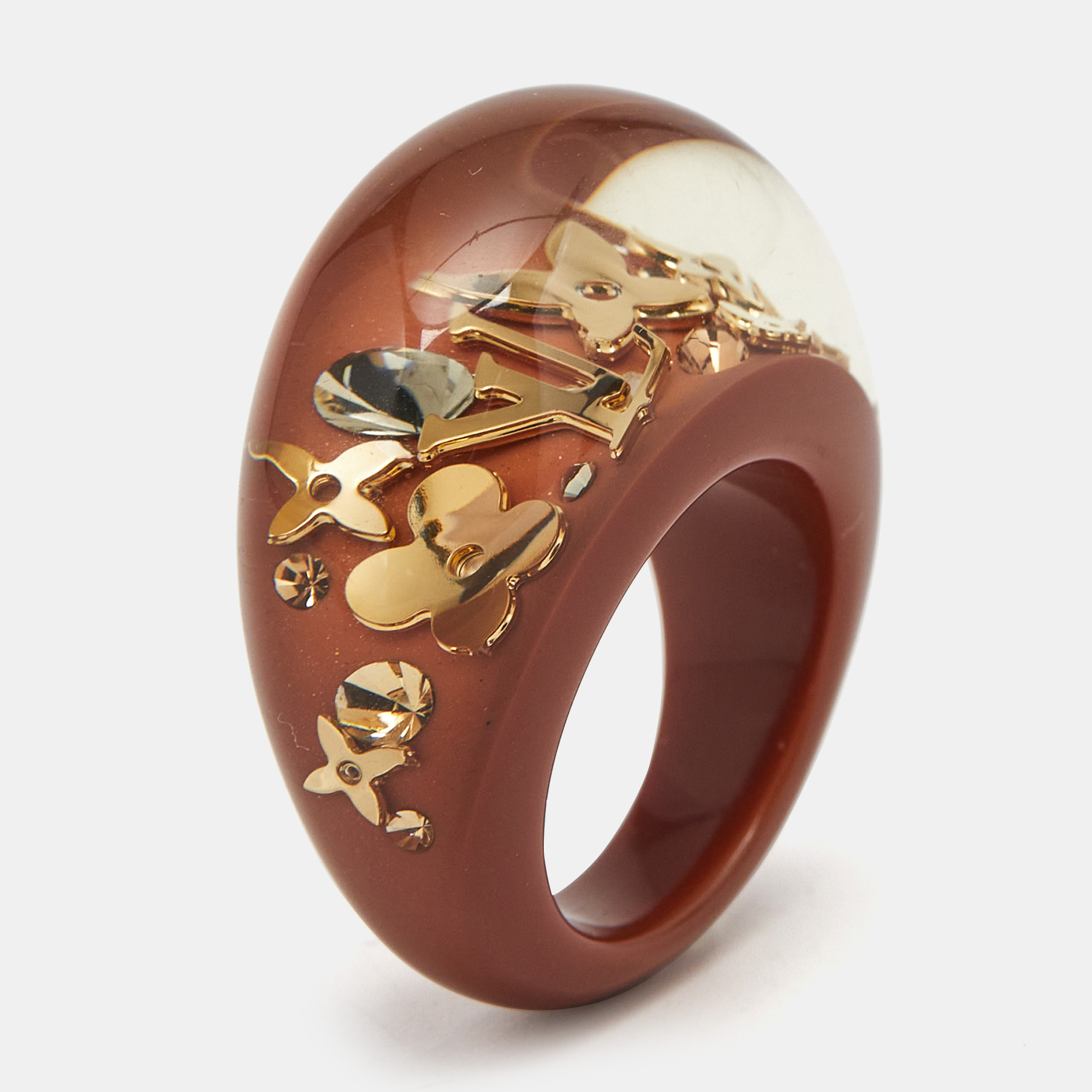 Pre-owned Louis Vuitton Monogram Inclusions Crystal Resin Gold Tone Ring Size 54