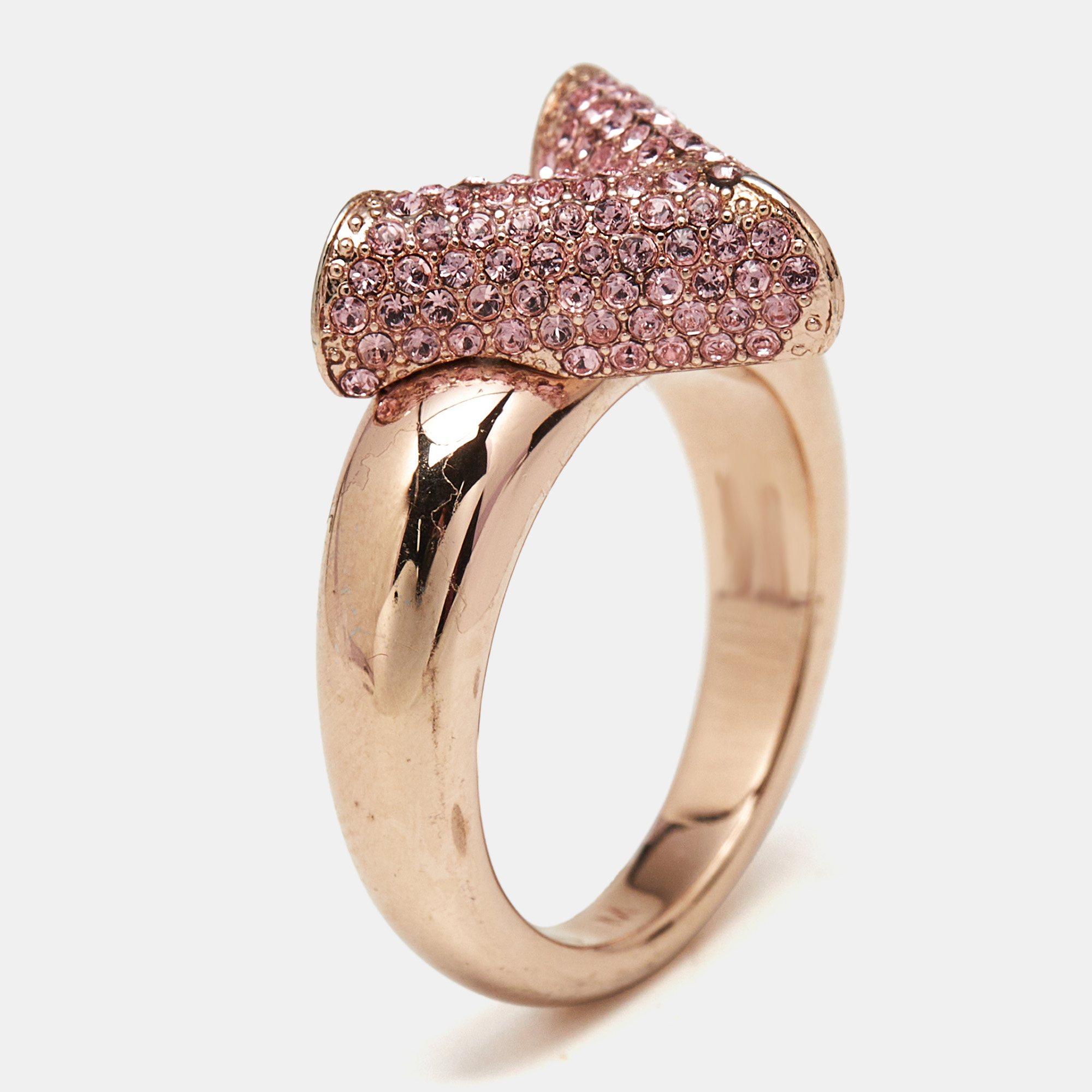 Pre-owned Louis Vuitton Essential V Crystals Rose Gold Tone Ring Size 53