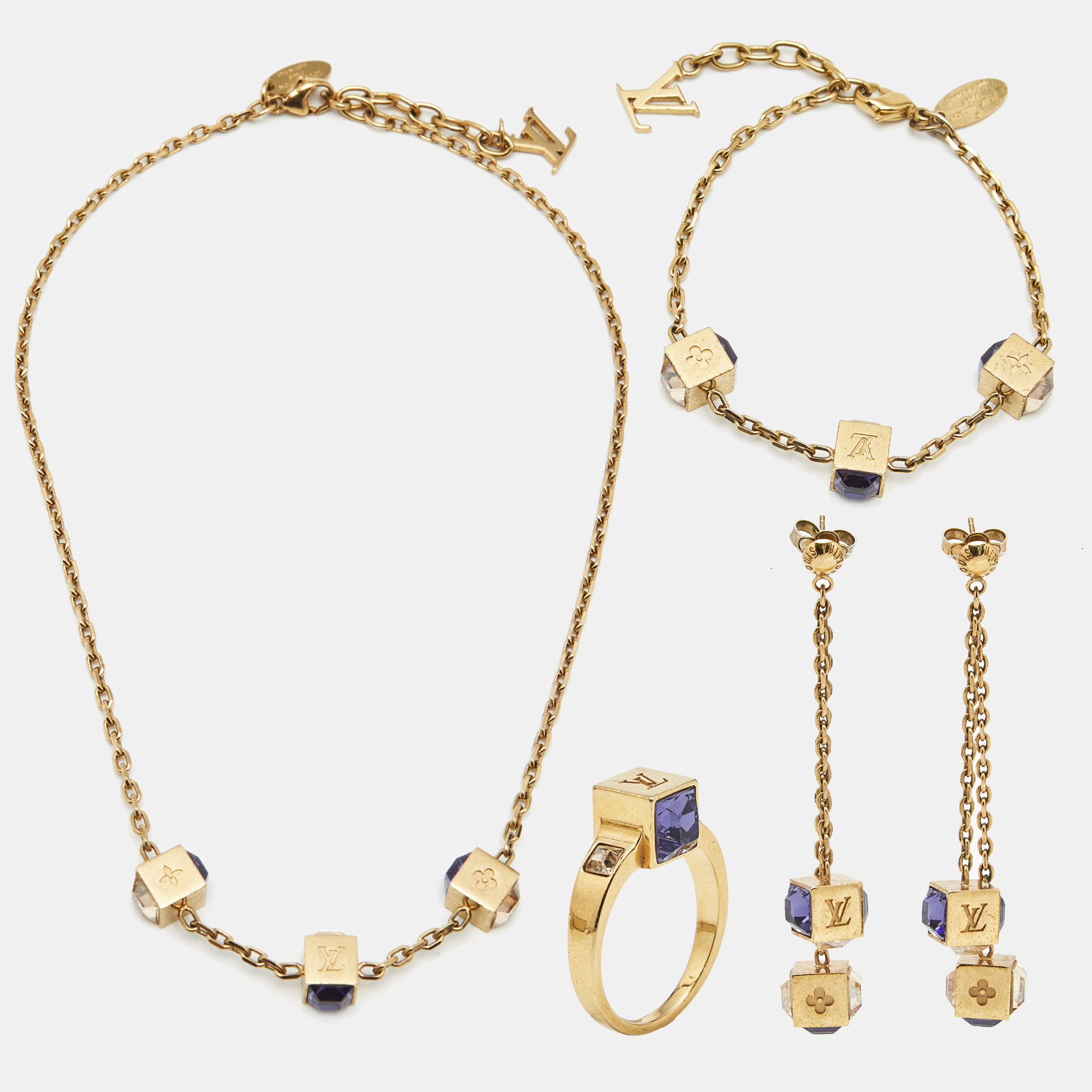 

Louis Vuitton Gamle Crystals Gold Tone Necklace Bracelet Ring and Earrings Set
