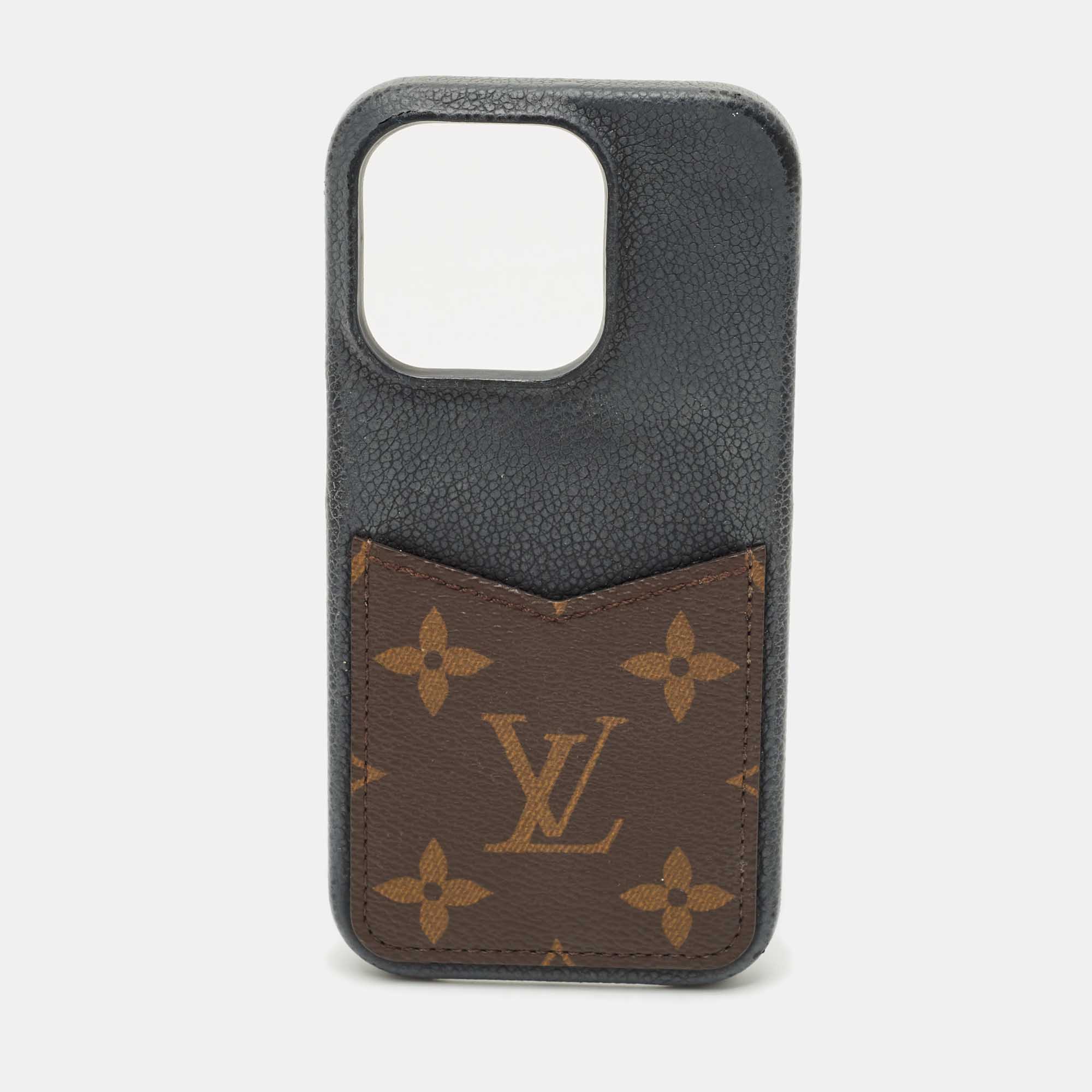 Pre-owned Louis Vuitton Black Leather And Monogram Canvas Iphone 12 Pro Cover