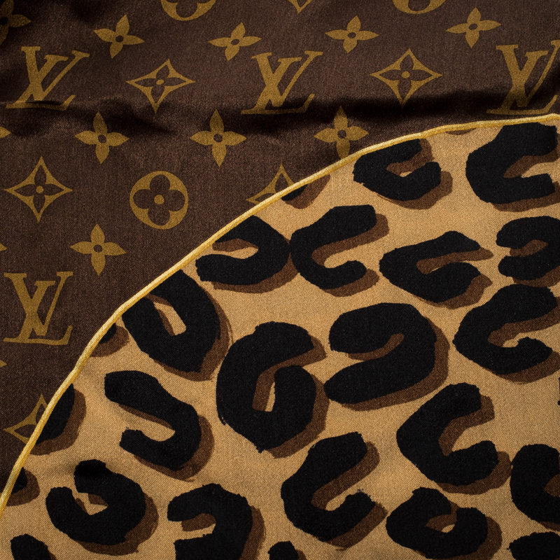 Louis Vuitton - Brown & Tan Monogram, Floral & Animal Print Silk Scarf –  Current Boutique