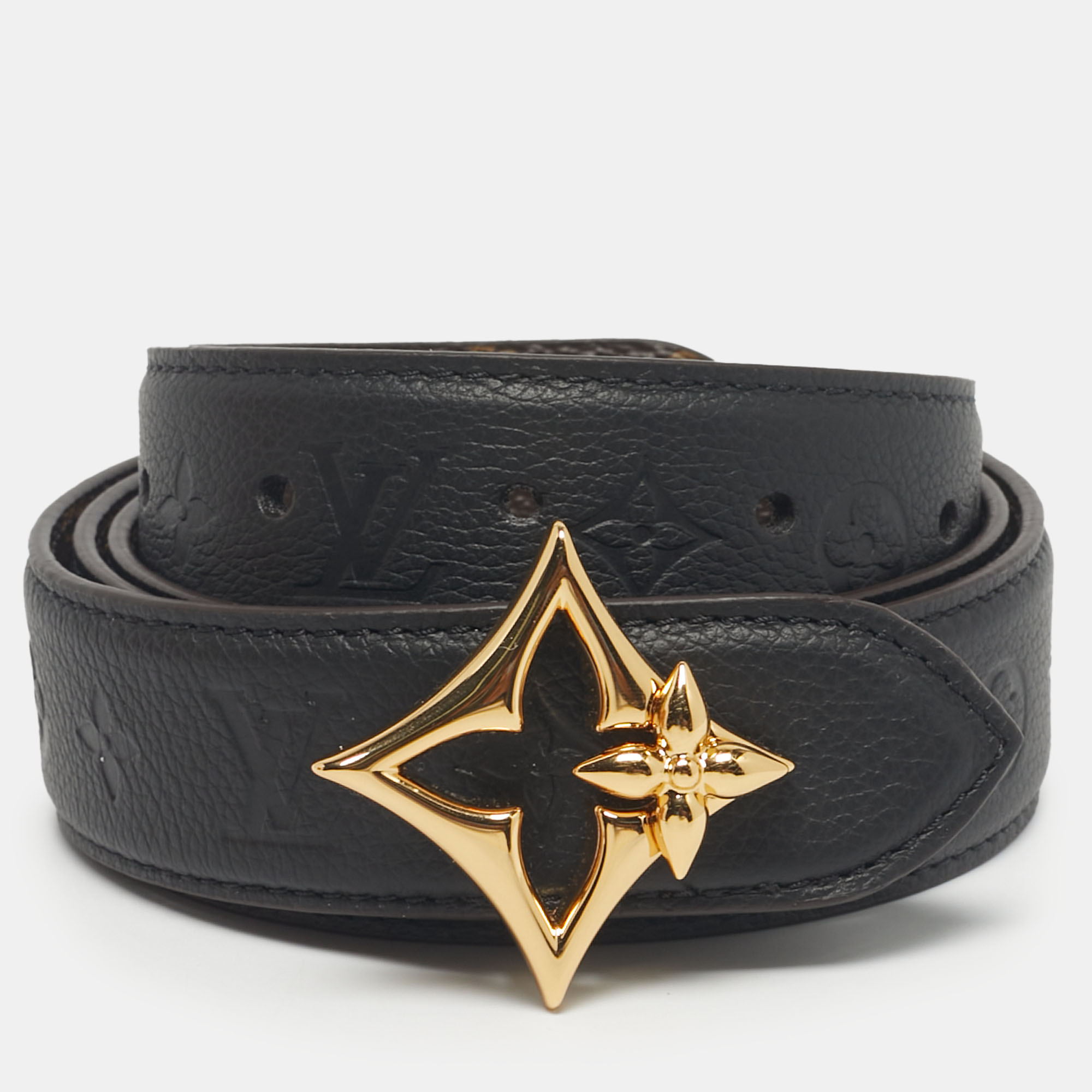 Pre-owned Louis Vuitton Black Monogram Leather And Canvas Lv Flowergram Reversible Belt 90 Cm