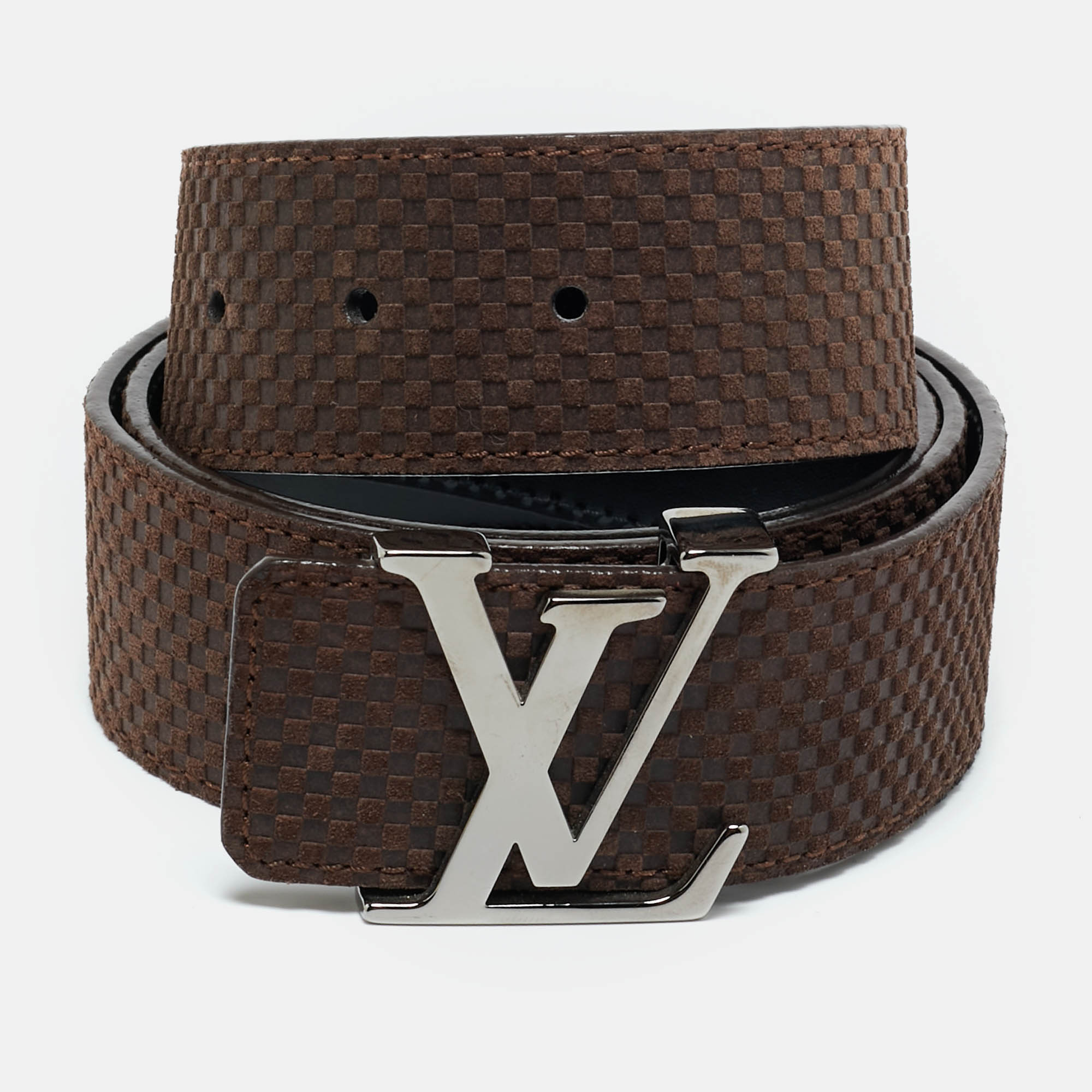 Louis Vuitton Brown Mini Damier Suede LV Initiales Belt 95CM