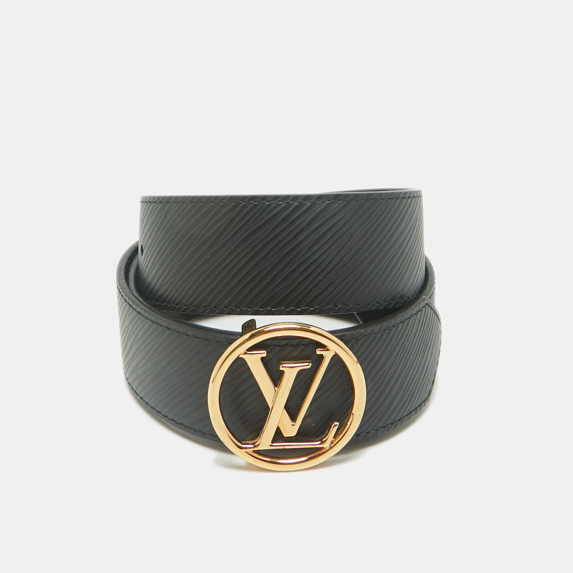 Pre-owned Louis Vuitton Black Epi Leather And Monogram Canvas Lv Circle Reversible Belt 75 Cm