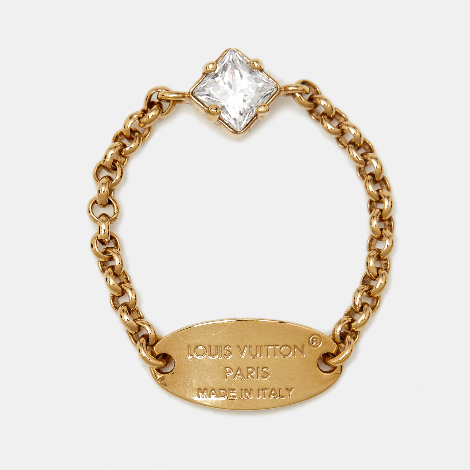 Pre-owned Louis Vuitton Lady Lv Crystals Gold Tone Single Ring Size 52