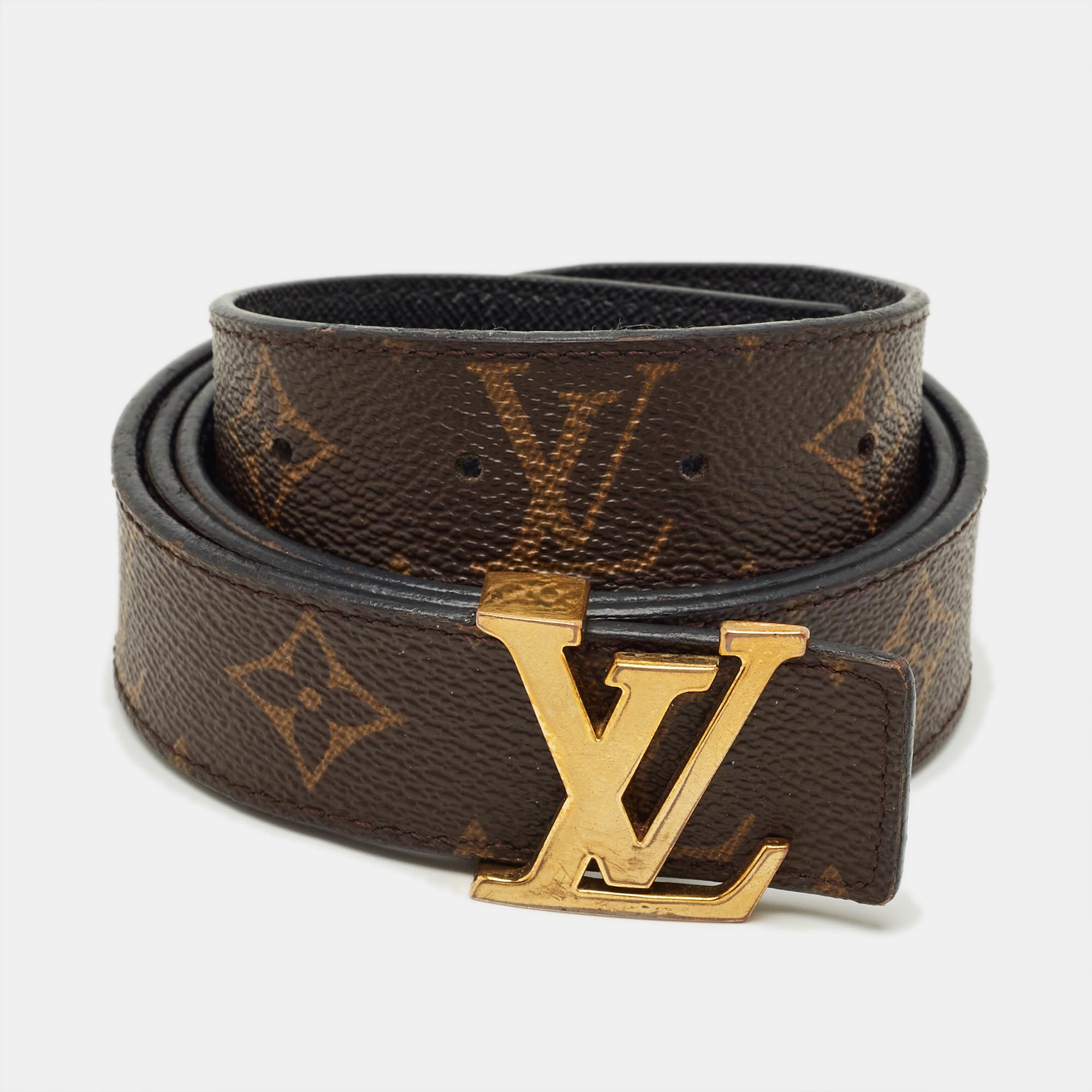 LOUIS VUITTON Pre-owned Black Monogram Canvas Lv Initiales Reversible Belt 90cm In Brown