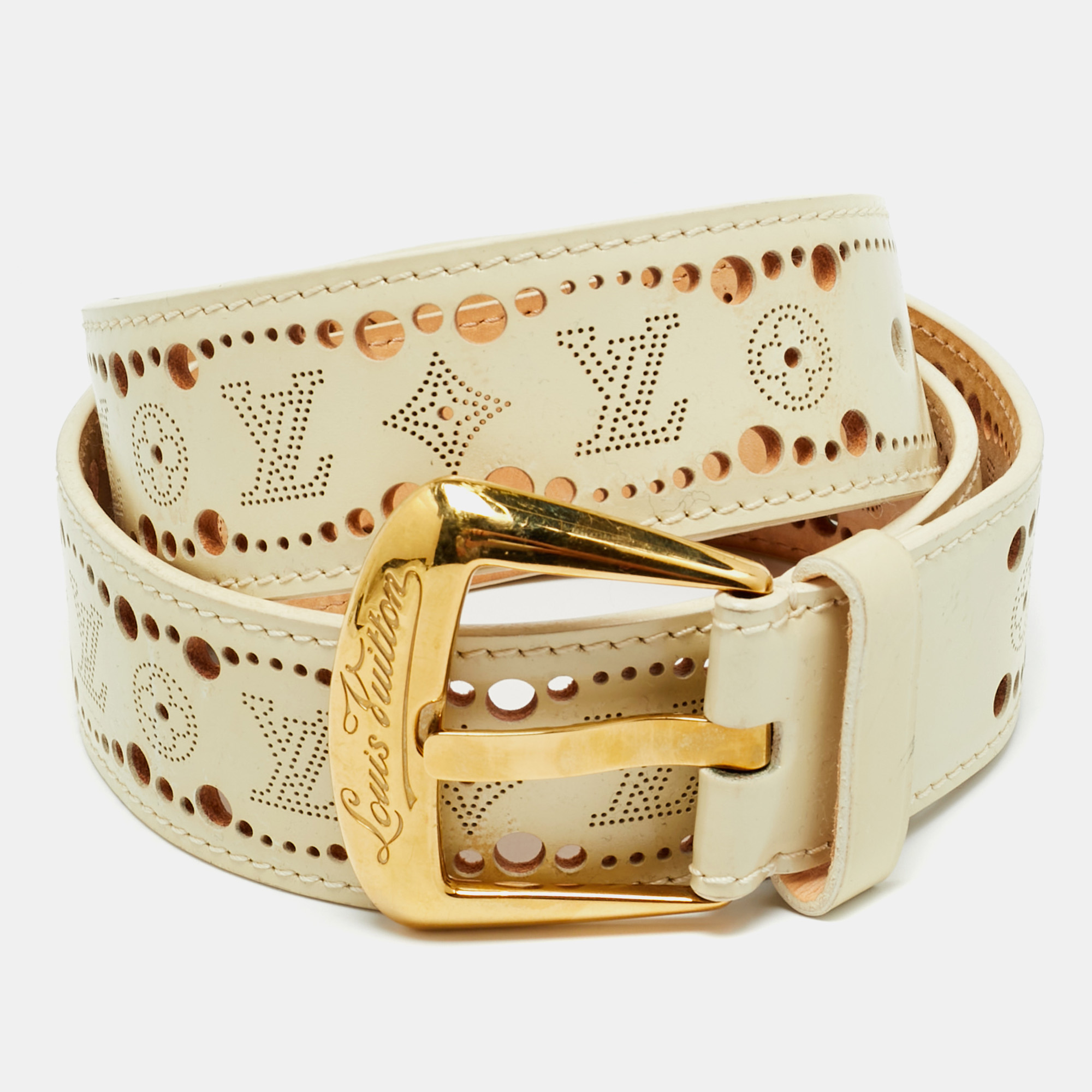 Pre-owned Louis Vuitton Phoenix 90cm Belt Cream Monogram Mahina Perforated Leather In White