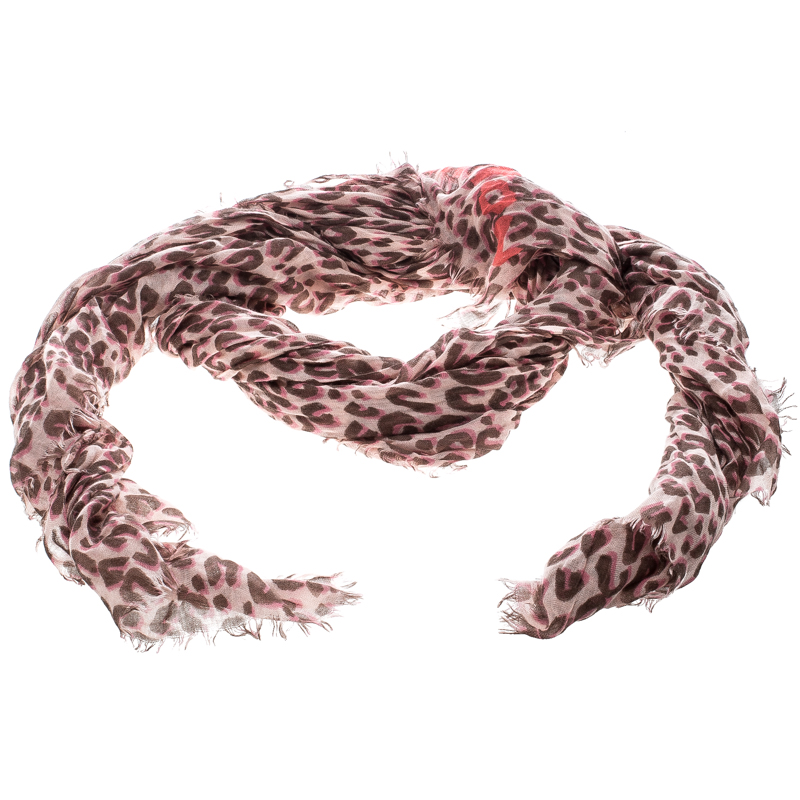 Pre Owned Louis Vuitton Pink and Brown Leopard Print Cashmere and Silk Stephen Sprouse Graffiti Scarf