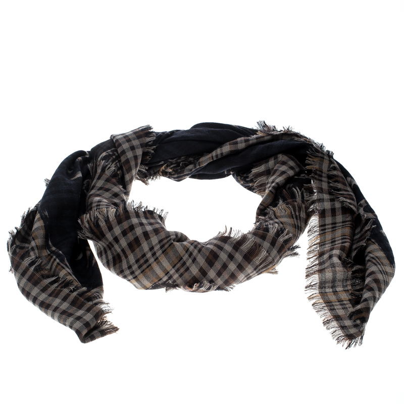 Pre Owned Louis Vuitton Checkered Travel Articles Pattern Fleece Wool and Silk Oversized Shawl