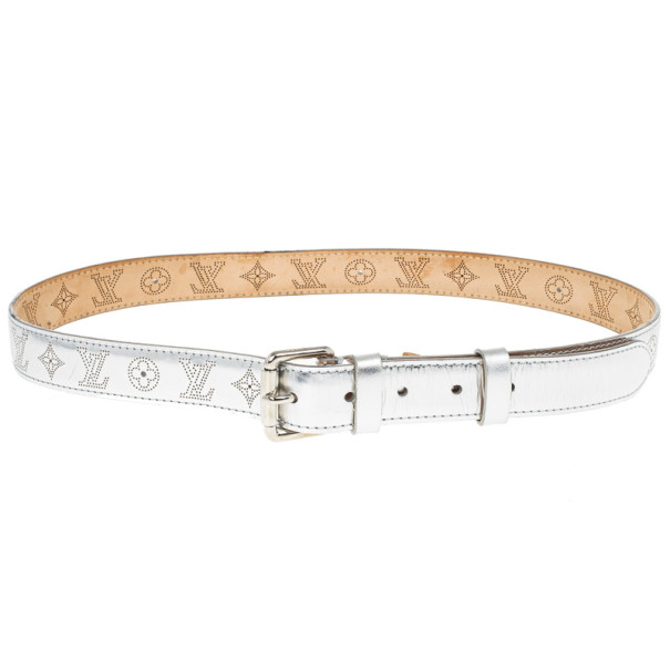 Pre Owned Louis Vuitton Silver Leather Mahina Perforated Belt Size 90 CM