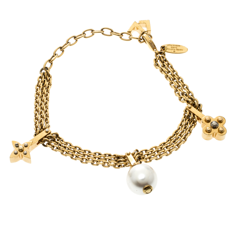 Louis Vuitton Louis Vuitton Damier Faux Pearl x Gold Chain Bracelet