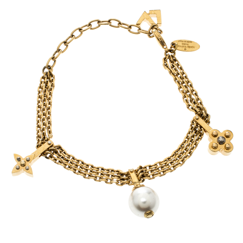 Louis Vuitton Damier Monogram Faux Pearl Gold Tone Chain Link Charm Bracelet Louis Vuitton | TLC