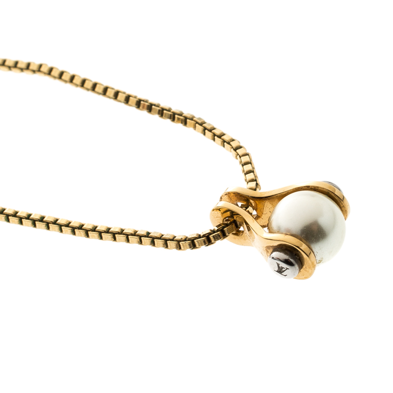 Louis Vuitton LV Speedy Faux Pearl Gold Tone Pendant Necklace Louis Vuitton