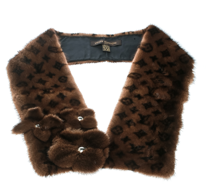 LOUIS VUITTON 100% Vison Mink fur brown monogram print shawl scarf