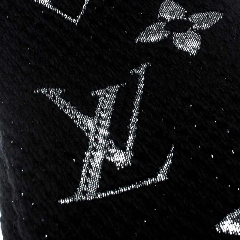 LOUIS VUITTON Wool Silk Logomania Shine Scarf Black 1232674