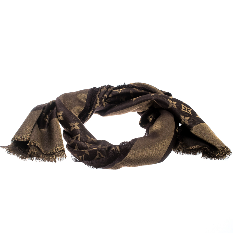 Pre Owned  وشاح  لوي فيتون حرير وصوف لامع مونوغرامي بني