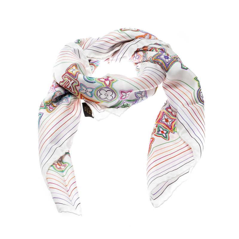 

Louis Vuitton White Watercolor Effect Multicolor Monogram Print Silk Square Scarf