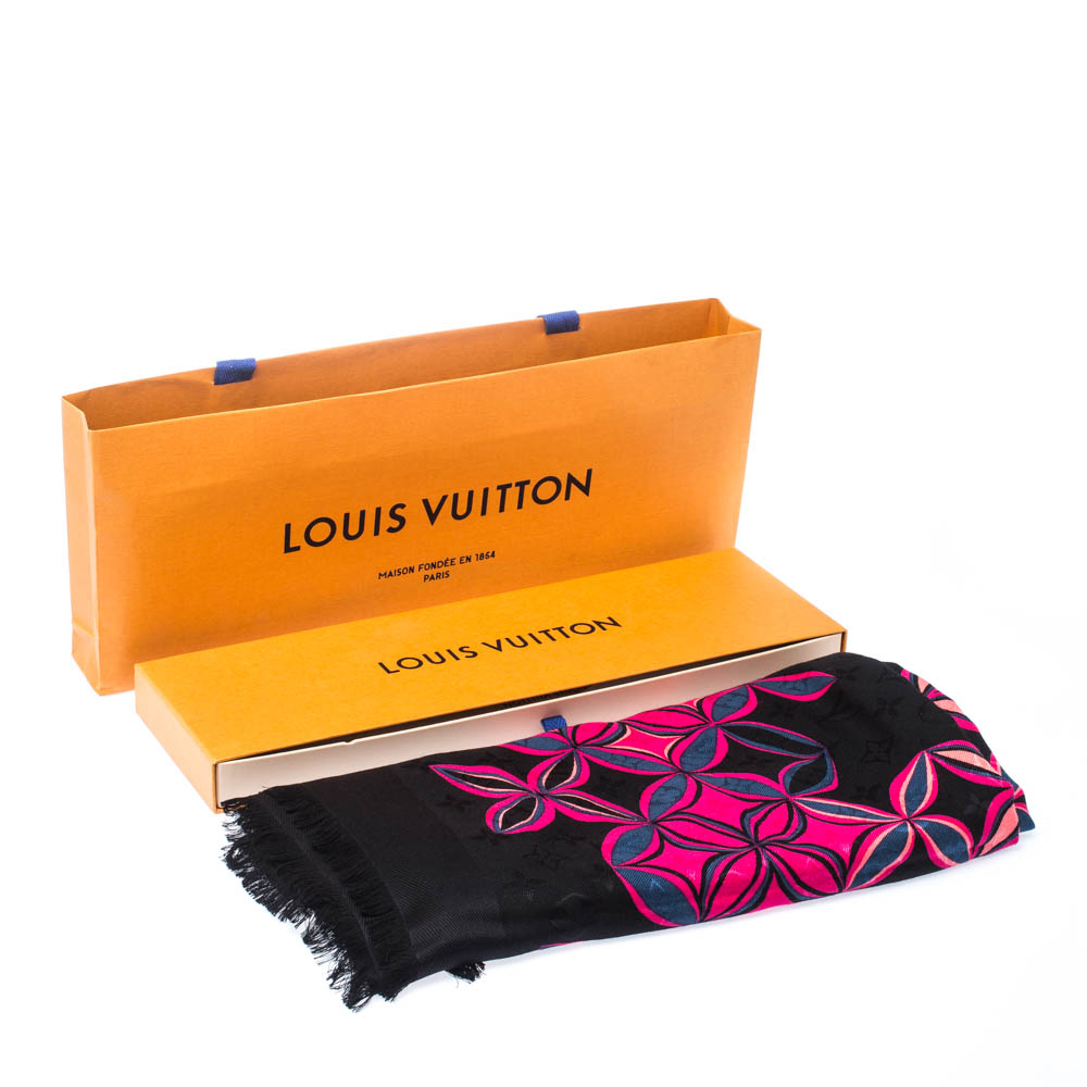 LOUIS VUITTON Silk Wool Rabbit Fur Flowergram Shawl Black 926906