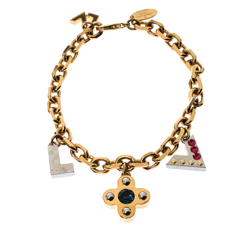 Louis Vuitton Gold Tone Crystal Embedded Charm Bracelet Louis Vuitton ...