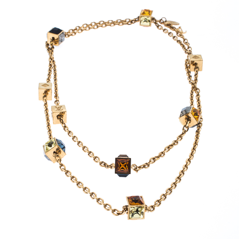 Louis Vuitton Gold Tone Crystal Gamble Station Necklace Louis