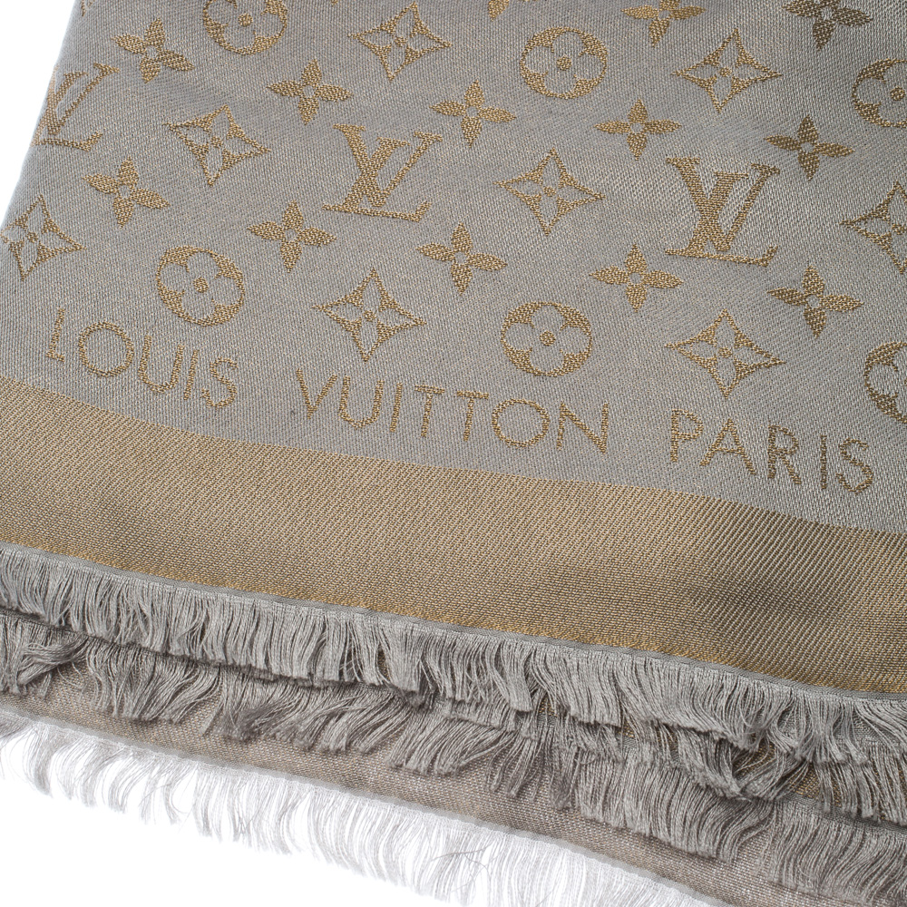 LOUIS VUITTON Silk Wool Monogram Shawl Greige 229750