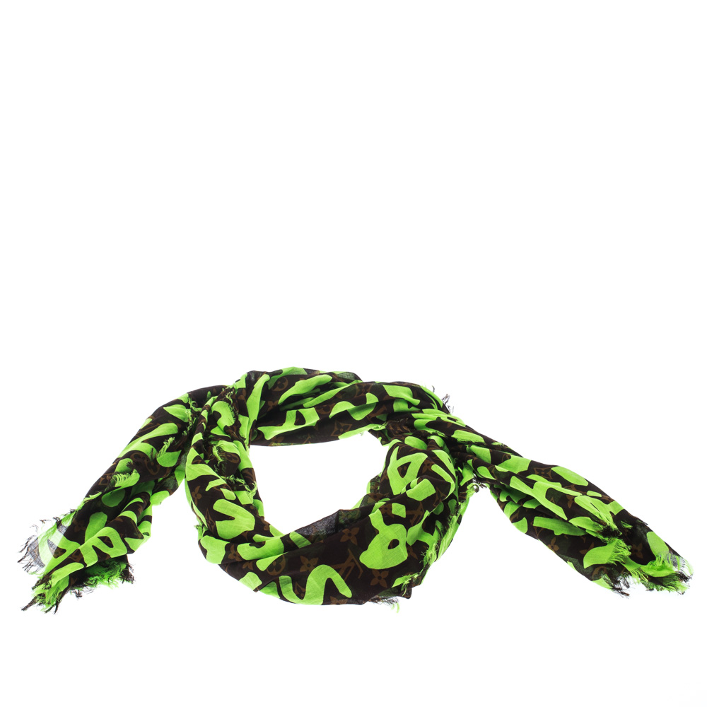 Pre Owned Louis Vuitton Neon Green & Brown Monogram & Graffiti Print Cotton Frayed Edge Scarf