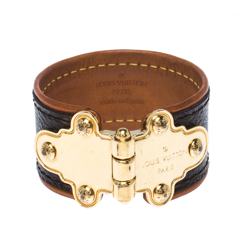 Pre Owned Louis Vuitton Save It Brown Monogram Canvas Gold Tone Wide Cuff Bracelet 