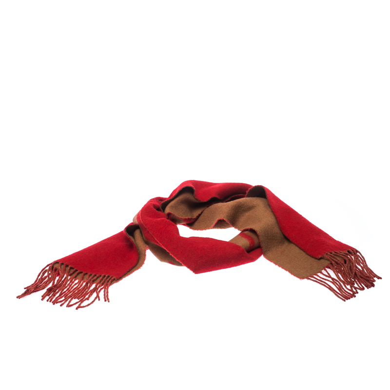 

Louis Vuitton Red and Camel Cashmere Fringe Trim Baroda Scarf