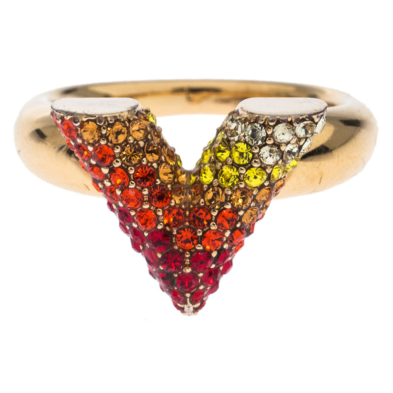 

Louis Vuitton Multicolor Crystal Essential V Gold Tone Ring Size