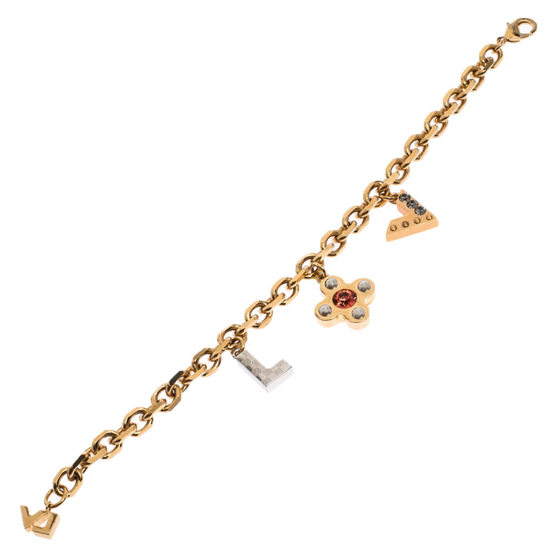 

Louis Vuitton Crystal Love Letter Timeless Gold Tone Charm Bracelet