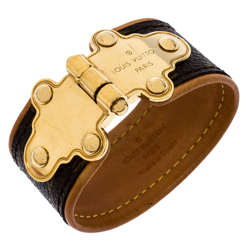 Louis Vuitton Gold Tone Save It Brown Monogram Canvas Wide Cuff Bracelet 17 Louis  Vuitton