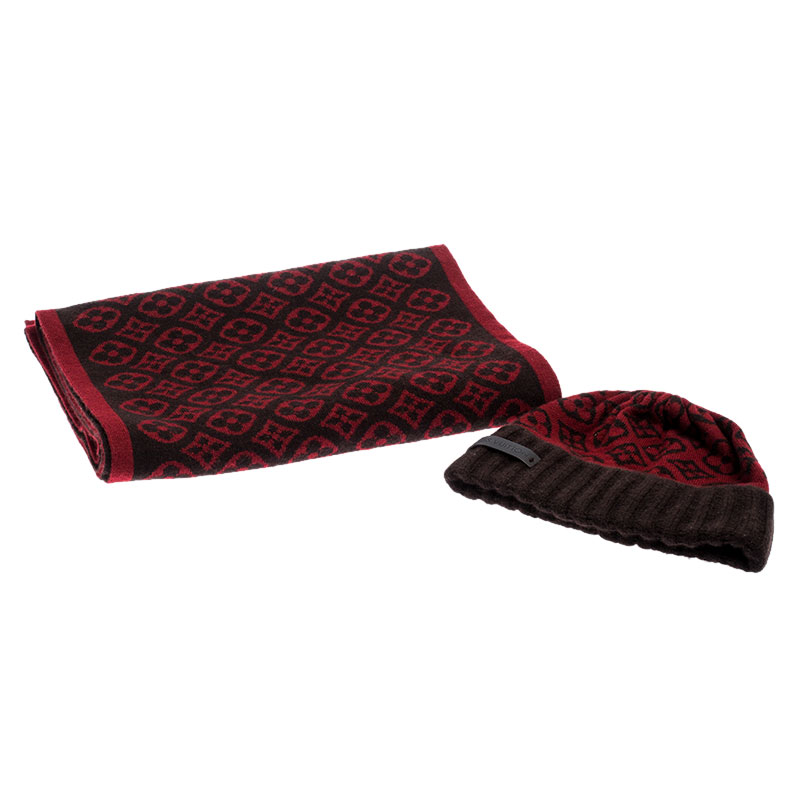 

Louis Vuitton Red and Brown Monogram Cashmere Scarf and Beanie Set