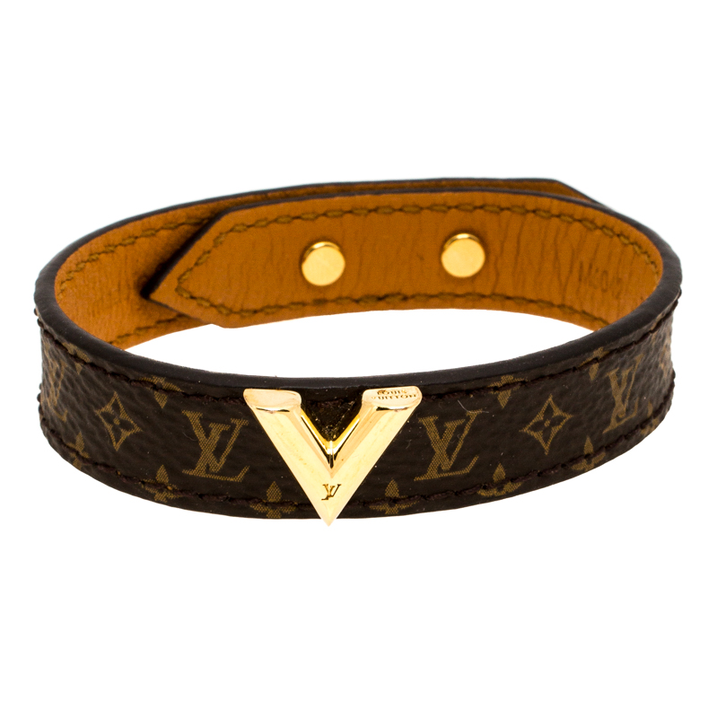Louis Vuitton Essential V Brown Monogram Canvas Gold Tone Bracelet 17