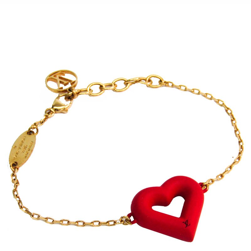 Authentic Louis Vuitton M61142 LV & V Heart Chain Bracelet Red