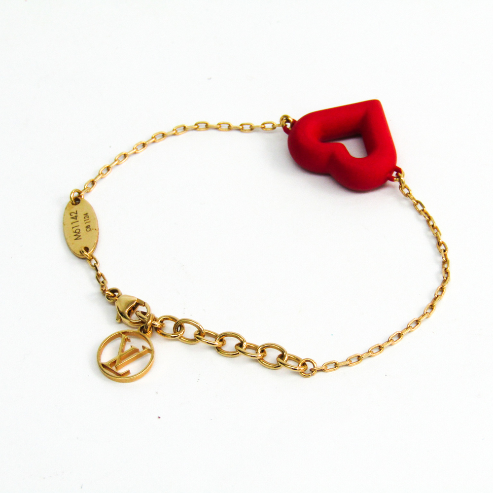 Authentic Louis Vuitton M61142 LV & V Heart Chain Bracelet Red Gold Women