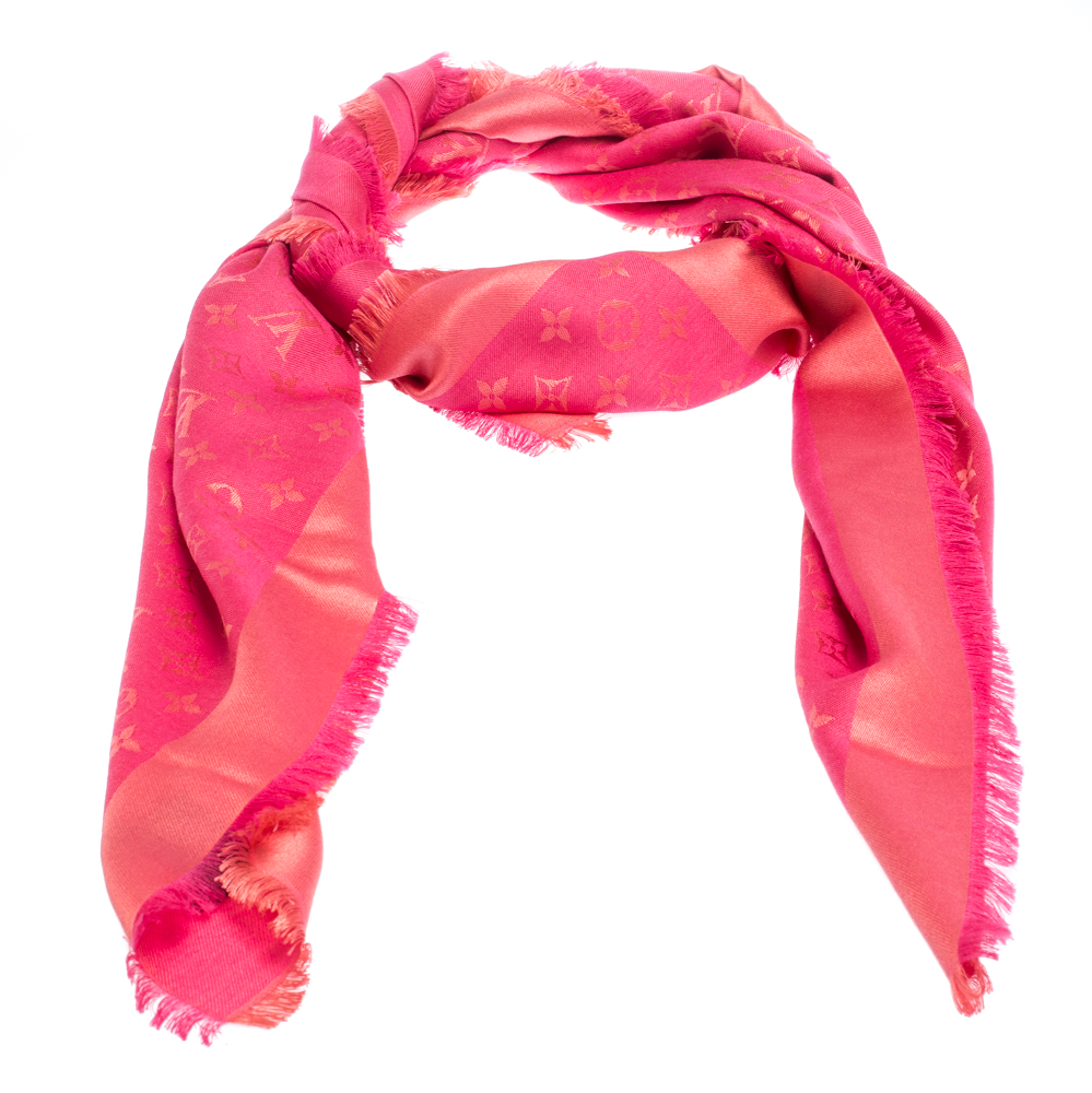 

Louis Vuitton Rose Pink Silk Wool Denim Monogram Shawl