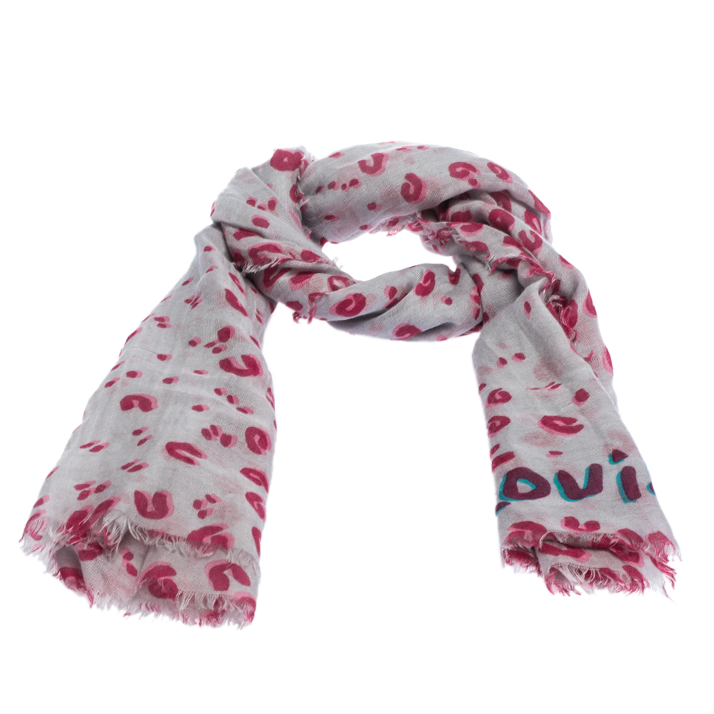 

Louis Vuitton Grey & Pink Leopard Confetti Print Cashmere Silk Scarf